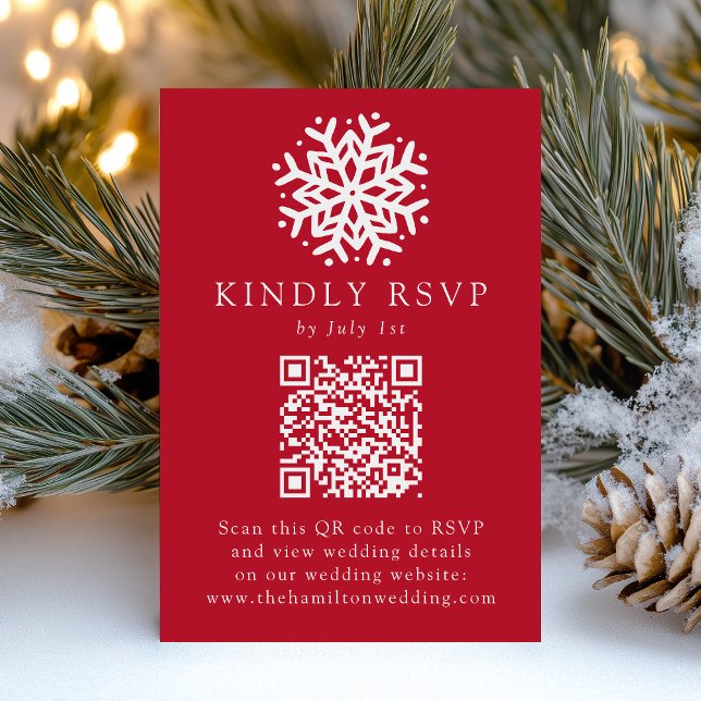 Enkel Snöflinga Röd QR-kod Bröllop OSA Kort (Skapare uppladdad)