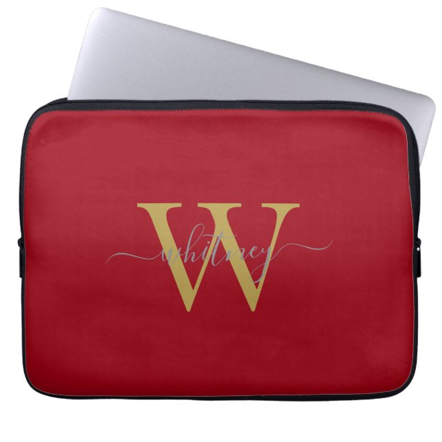 Enkel Snyggt Röd Monogram Namn och initial Laptop Fodral (Framsidan)