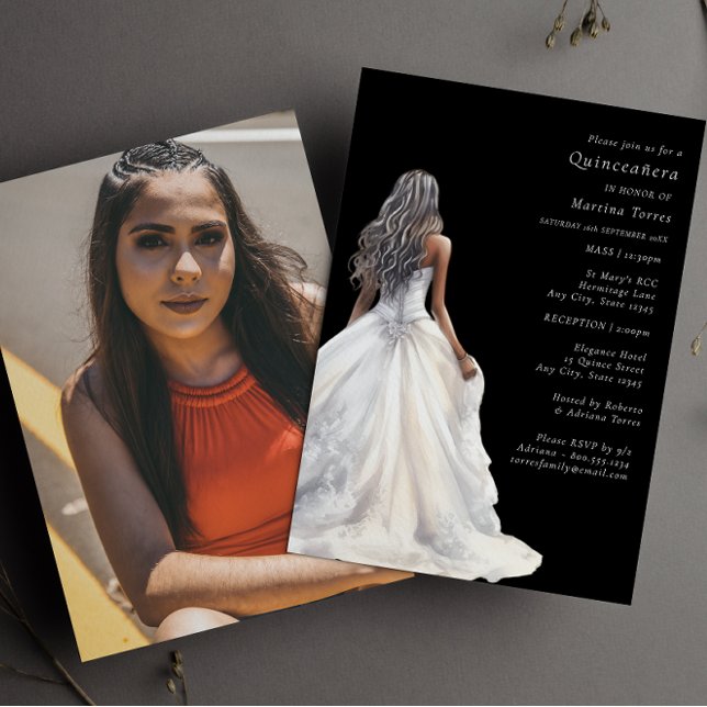 Enkel snyggt svart och vit modern Quinceañera Inbjudningar (Skapare uppladdad)