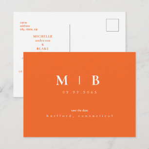 Enkel solcellig Monogram-Orange Spara datum Bröllo Meddelande Vykort