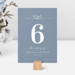 Enkel Solid Färg Dusty Blue Wedding Reception Bordsnummer<br><div class="desc">Enkla Bordsnummer för att ta emot Färg-dammblått bröllop. Det här moderna Bord-kortet för chic är enkelt klassiskt och elegant med oformaterad bakgrund färg och en söt namnteckning skriptcalligrafteckensnitt med svan. Visas i den nya Colorway. Finns i flera alternativ för färg eller kan redigera färger i redigeraren (klicka på anpassa ytterligare...</div>