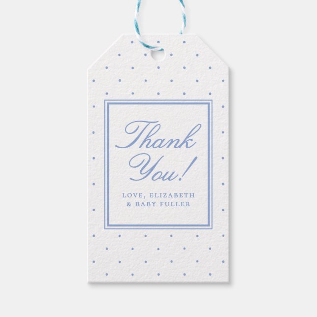 Enkel Söt Blå Prickig Bebis Baby Shower Presentetikett (Framsidan)