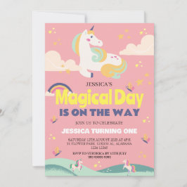 Enkel söt flicka foto enhörning ettårs födelsedag  inbjudningar