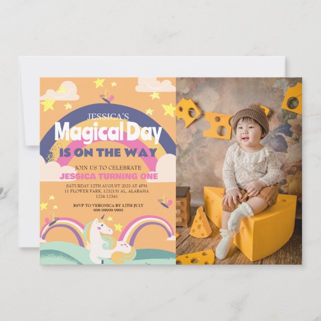 Enkel söt flicka foto enhörning Första födelsedage Inbjudningar (Framsida)