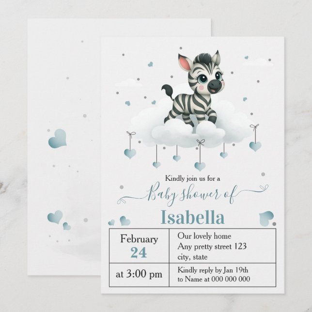 Enkel söt liten zebra baby shower inbjudningar (Fram/baksida)