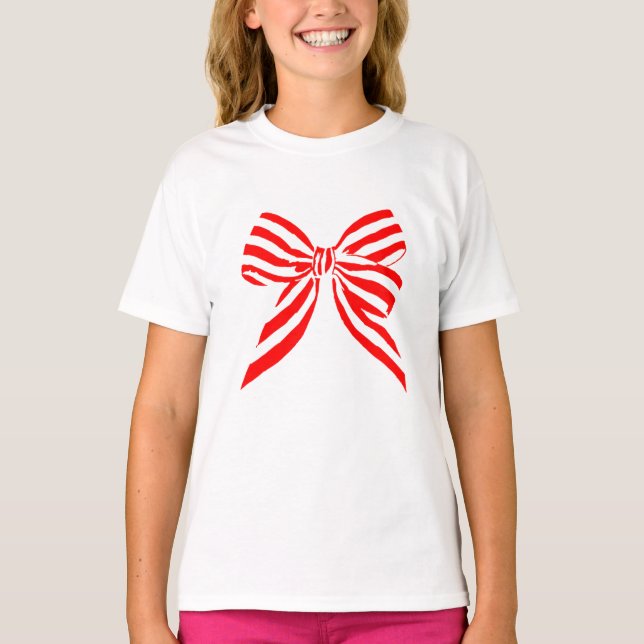 Enkel söt röd randig rosett t shirt (Framsida)