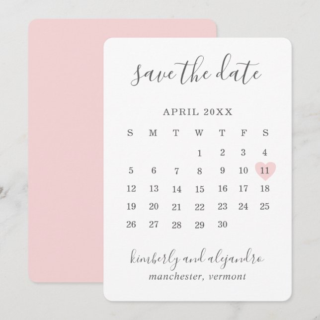 Enkel Söt Rosa Hjärtkalender Bröllop Spara Datumet (Fram/baksida)