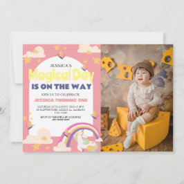 Enkel söt tjej foto enhörning Första födelsedag be Inbjudningar