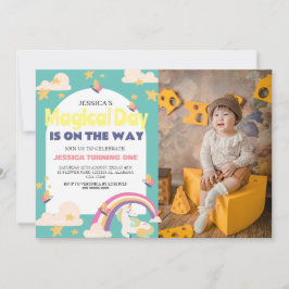 Enkel söt tjej foto enhörning Första födelsedagen  Inbjudningar