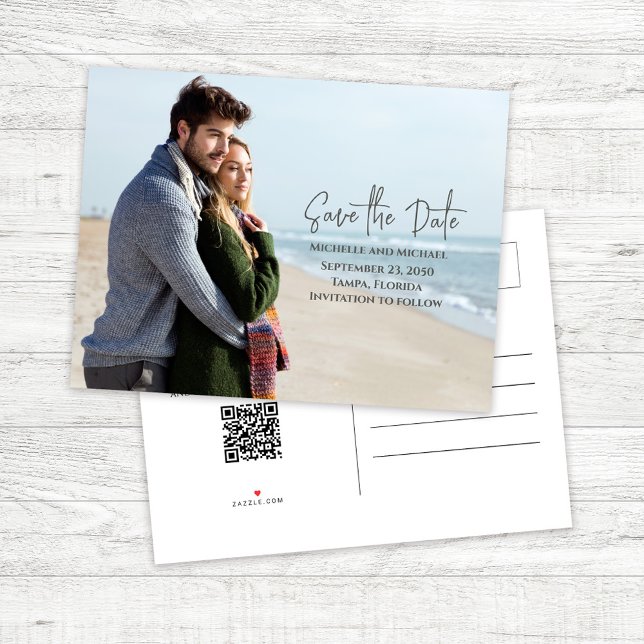 Enkel Spara Datum Foto Bröllop  Meddelande Vykort (Wedding save the date photo postcard template.)