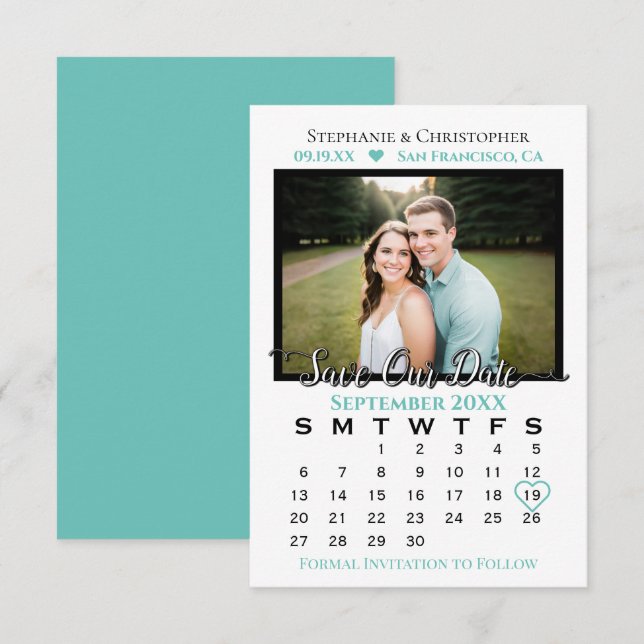 Enkel Stilfull Foto & Kalender Aqua Teal Bröllop  Spara Datumet (Fram/baksida)