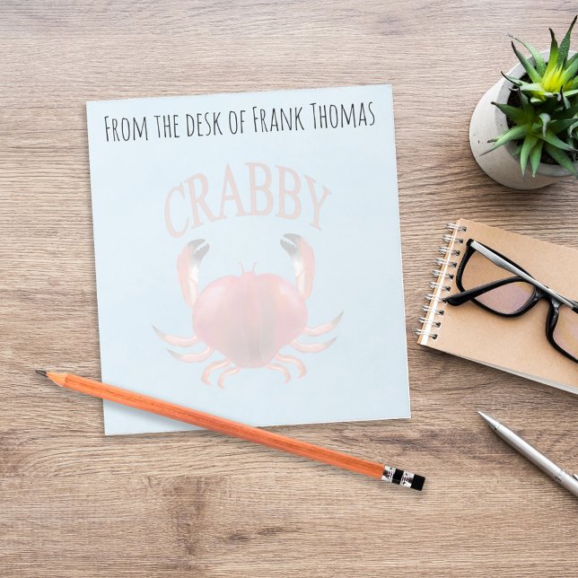 Enkel Stilfull Natur Krabbig Krabba Typografi Anteckningsblock (Funny coastal crab personalized desk stationery with beachy blue ocean theme.)