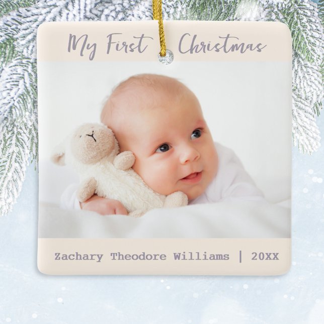 Enkel Stilren Minimalistisk Första Julen Julgransprydnad Keramik (An elegant ceramic ornament for the Christmas tree, to personalize with two photos of your baby)