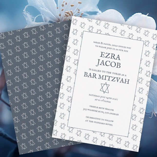 Enkel stjärna för David Anpassningsbar B'nai Fladd Inbjudningar (Simple Star of David Pattern Minimalist Elegant Custom B'nai Bat Bar Mitzvah Invitation Blue White
)