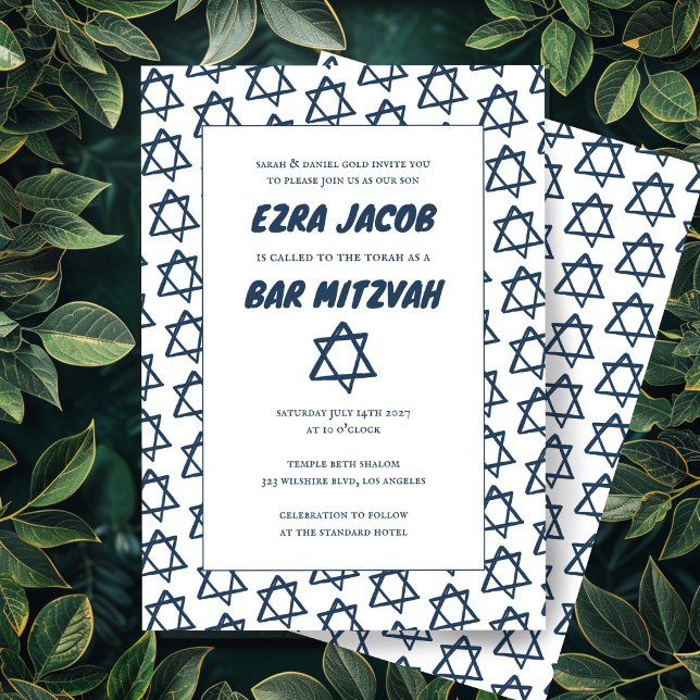 Enkel stjärna för David Anpassningsbar B'nai Fladd Inbjudningar (Simple Star of David Custom B'nai Bat Bar Mitzvah Invitation
Blue White Minimalist)