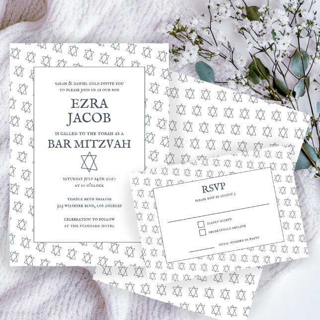 Enkel stjärna för David Anpassningsbar B'nai Fladd OSA Kort (Simple Star of David Custom B'nai Bat Bar Mitzvah RSVP Card
)