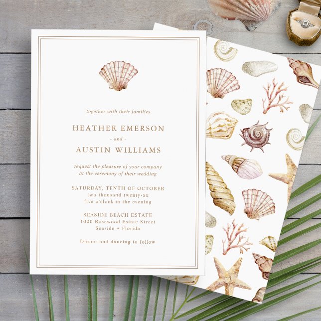 Enkel strandbröllop inbjudningar (Simple Elegant Beach Watercolor Seashell Wedding Invitation by Painted Paperie
)