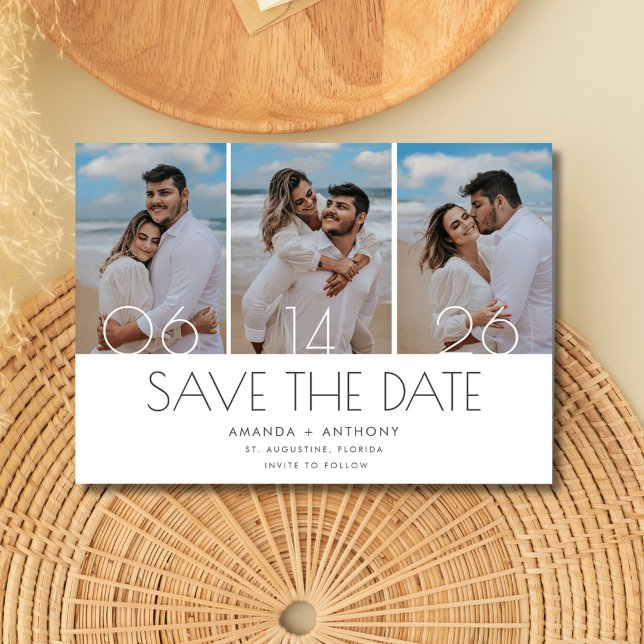 Enkel strandbröllopsalbum med tre foton spara datumet (Simple Three Photo Beach Wedding Save The Date)