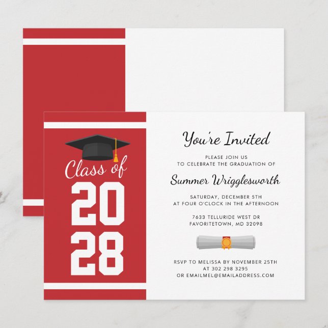Enkel Studenten 2024 Cap Red White Grad Party Inbjudningar (Fram/baksida)