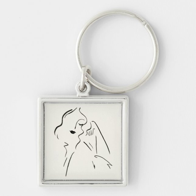 Enkel studie - skiss över Dam Fyrkantig Silverfärgad Nyckelring (Framsidan)