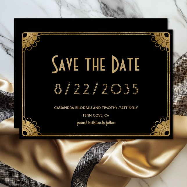 Enkel svart Art Deco Bröllop Guld Spara Datum Datumet (Elegant black and gold wedding Save the Date flat card)