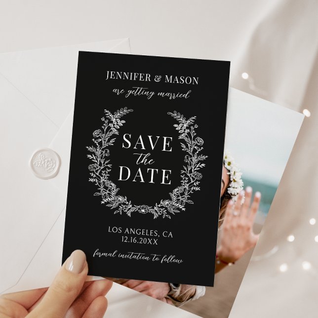 Enkel svart blommigt för bohemiskt papper Spara da Inbjudningar (Skapare uppladdad)