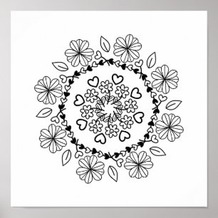 Enkel svart blomster-mandala på vit bakgrund poster