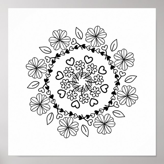 Enkel svart blomster-mandala på vit bakgrund poster (Framsidan)