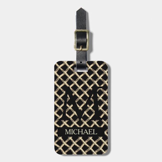 Enkel svart elegant metall strip monogrammad bagagebricka (Vertikal Framsida)