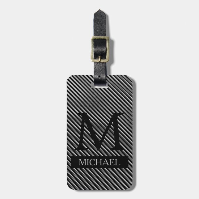 Enkel svart elegant metall strip monogrammad bagagebricka (Vertikal Framsida)