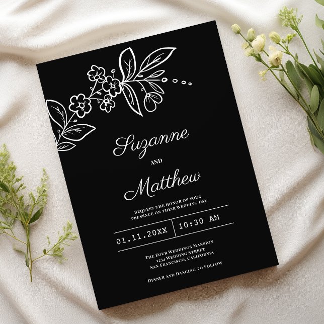 Enkel svart elegant, vit blommigt bröllop inbjudningar (Simple elegant black white floral wedding)