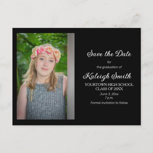 Enkel svart examens Save the Date Meddelande Vykort (Framsida)