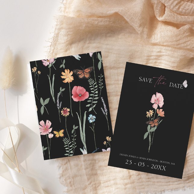 Enkel svart färgstark Wildblomma Blommigt Bröllop Spara Datumet (Skapare uppladdad)