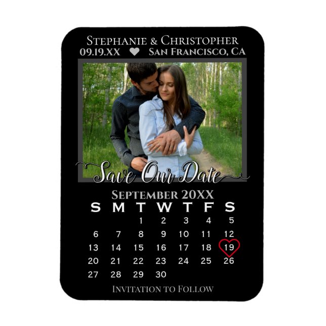Enkel svart fotokalender Spara Bröllop Magnet (Vertikal)
