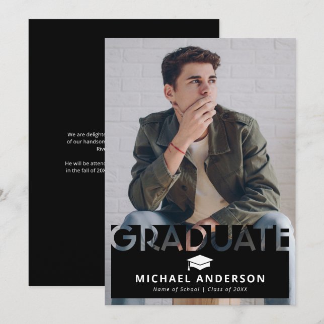 Enkel svart fototex gradueringsfirande meddelande (Fram/baksida)