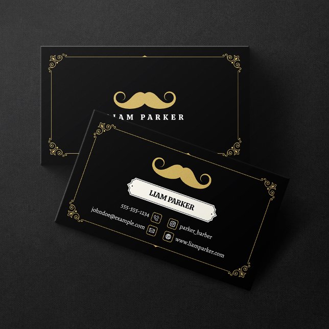 Enkel svart & guld mustasch frisersalong vintage visitkort (Skapare uppladdad)