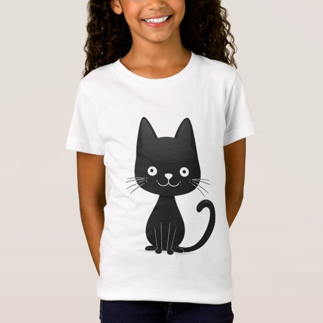 Enkel svart kattillustration Söt Kawaii Katt T Shirt (Framsida)