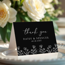 Enkel svart, modern Blommigt kontur för Bröllop-ma Tack Kort