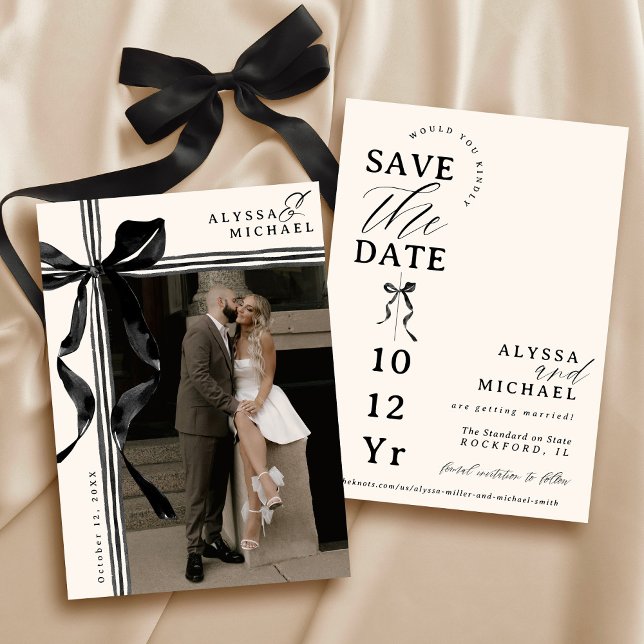 Enkel svart och elfenbensfärgad båge elegant foto  spara datumet (Elegant modern watercolor black and ivory coquette bow ribbon typography photo wedding save the date)