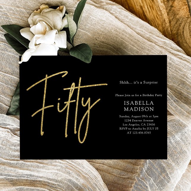 Enkel svart och Guld Glitter 50:e födelsedagen Inbjudningar (Simple Black and Gold Glitter 50th Birthday Invitation
)