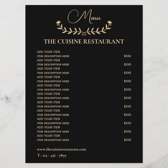 Enkel Svart Och Guld Liten Restaurang  Meny (Framsida)