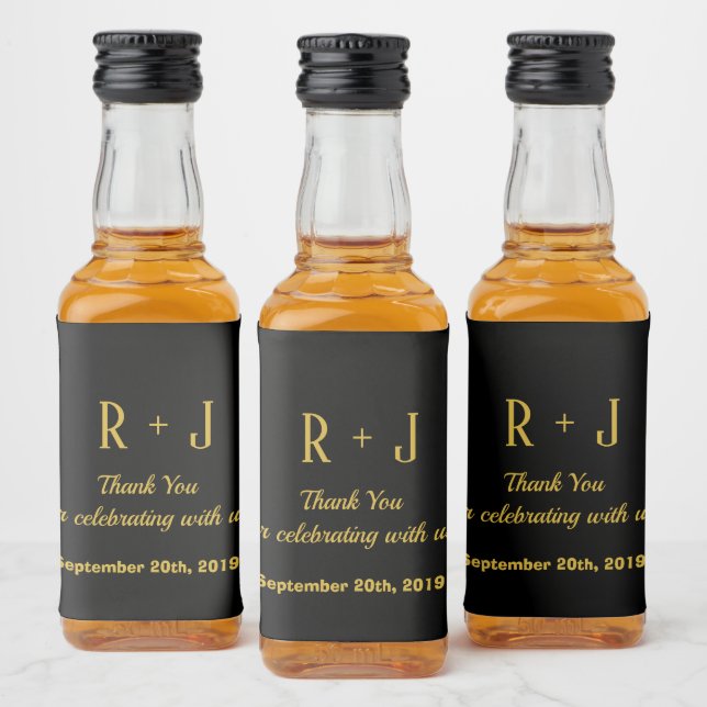 Enkel svart och Guld Monogram Tack Bröllop Spritflaskor Etikett (Flaskor)