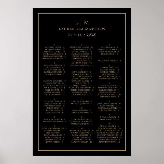 Enkel svart och guld sittplan för bröllop poster (Framsidan)