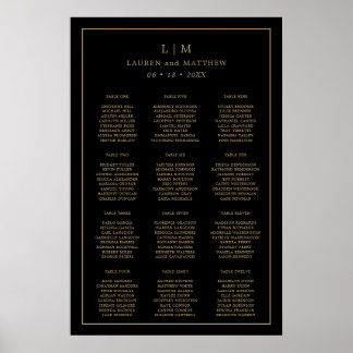 Enkel svart och guld sittplan för bröllop poster