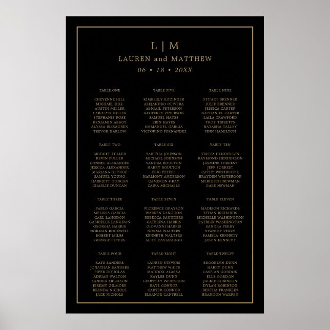 Enkel svart och guld sittplan för bröllop poster (Framsidan)