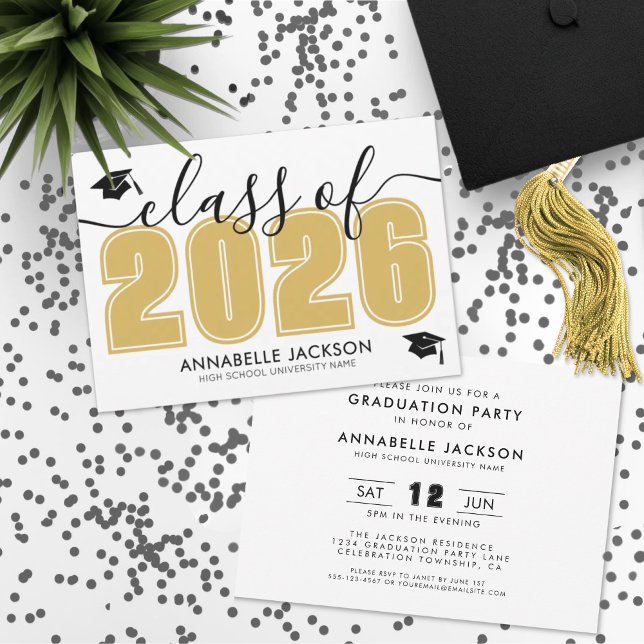 Enkel svart och Guld Studentfest Inbjudningar (Simple Black And Gold Graduation Party Invitation)