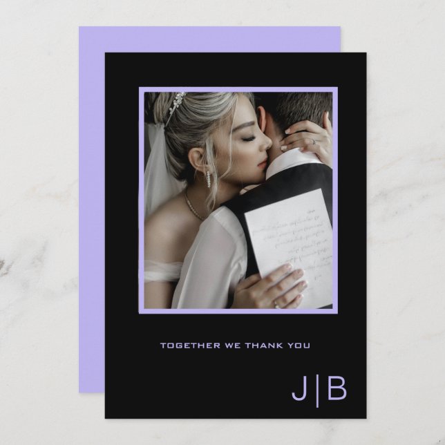 Enkel svart och lavendel monogram fototryck  tack kort (Fram/baksida)