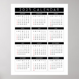 Enkel svart och vit 2025-kalender poster