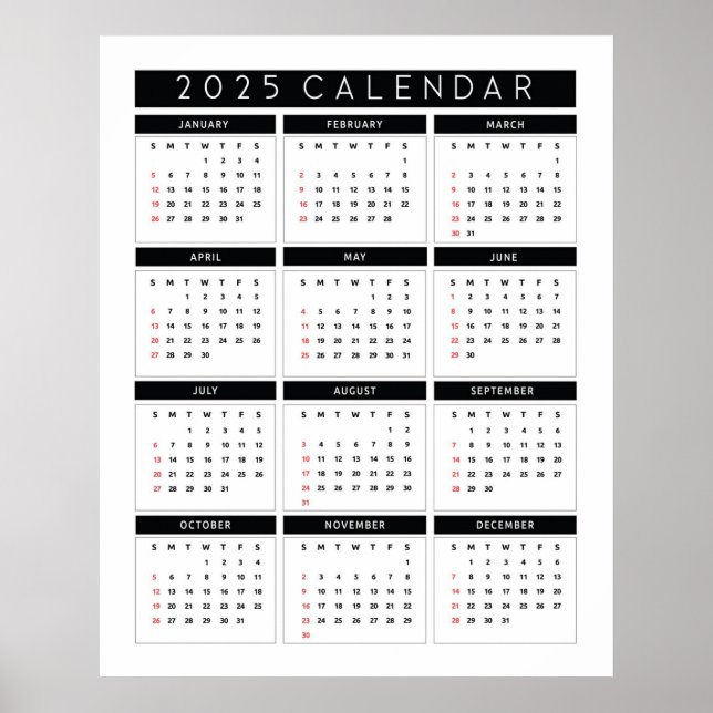 Enkel svart och vit 2025-kalender poster (Framsidan)