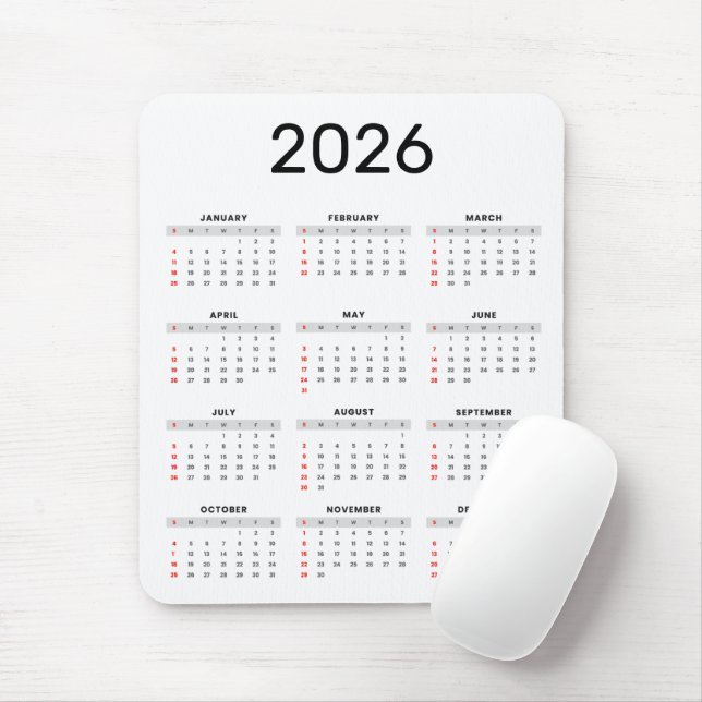 Enkel svart och vit 2026-kalender musmatta (Med mus)